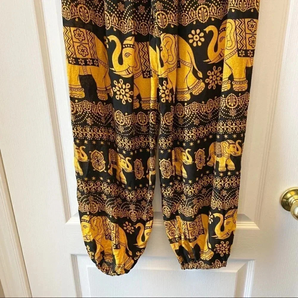 Black Gold Balloon Pants Flowy Draped Harem Joggers Elephant Print Size XS/S - Picture 8 of 15